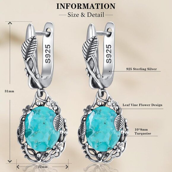 Sterling Silver Dangle Earrings Turquoise Leaf Flower Vintage Jewelry - Picture 4 of 7